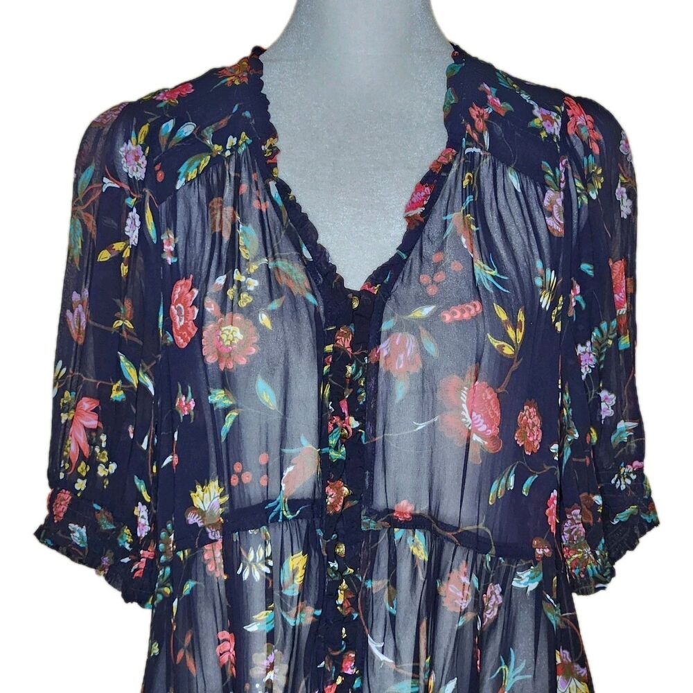 Anthropologie Salzburg Sheer Floral Tunic Boho Fairycore Puff Sleeve Blouse M - Picture 3 of 14